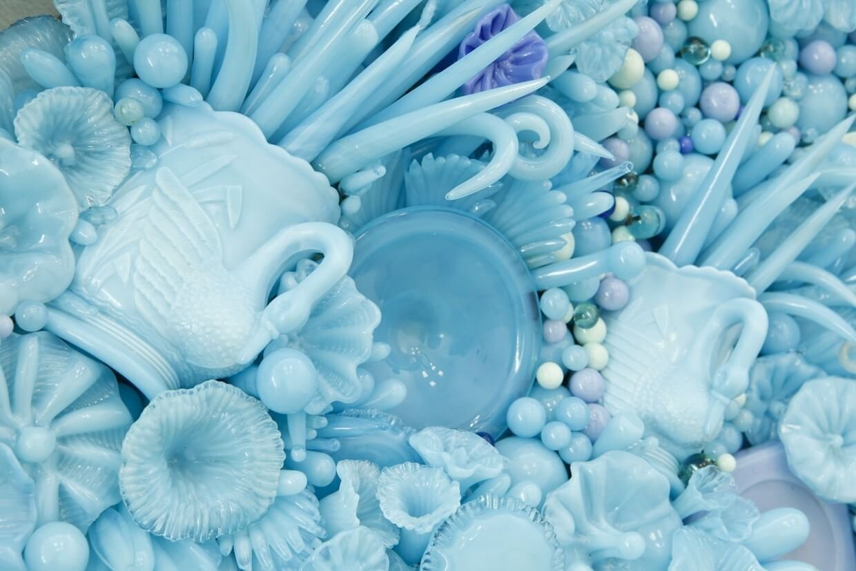 Detail of Amber Cowen's Creamer and Sugar, Swans in Sky